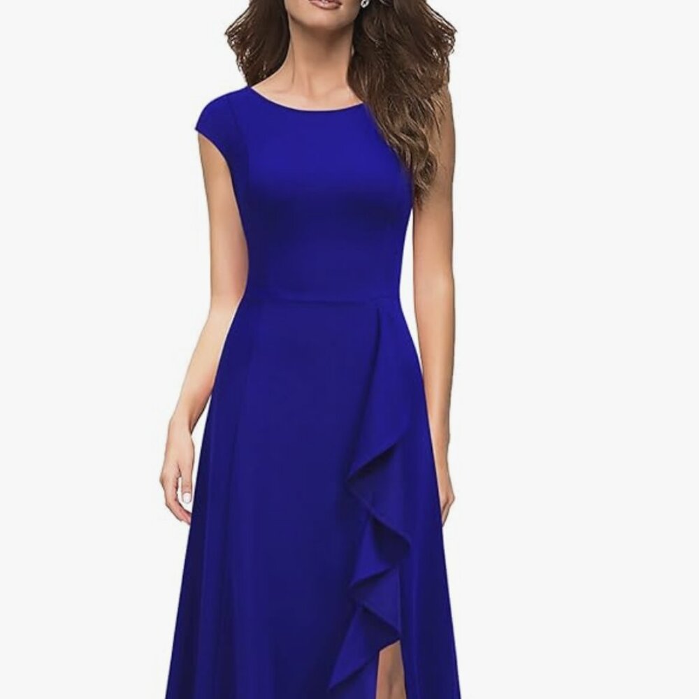 Blue Women's Cocktail Pockets Ruffled Sexy Split Party Long Dress MUSHARE, Med